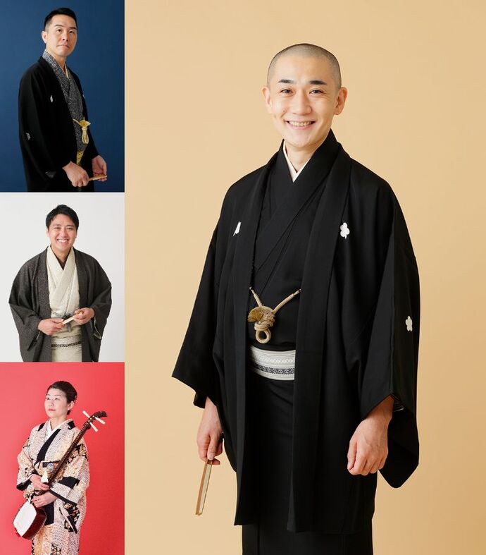 写真：古今亭文菊（右）、入船亭扇橋（左上）、柳亭信楽（左中）、桂小すみ（左下）