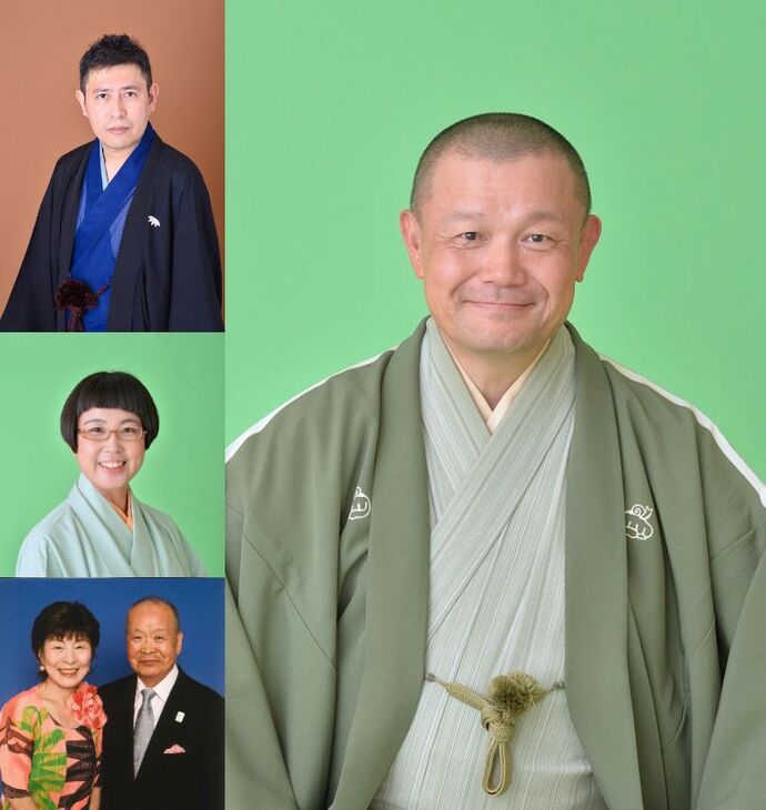 写真：林家彦いち（右）、笑福亭羽光（左上）、林家きよ彦（左中）、東京太・ゆめ子（左下）