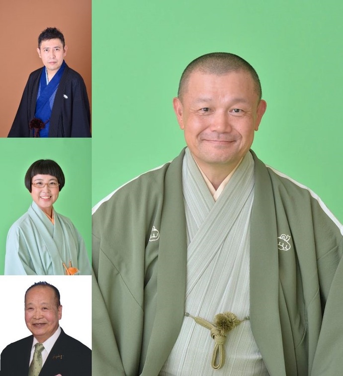 写真：林家彦いち（右）、笑福亭羽光（左上）、林家きよ彦（左中）、東京太（左下）