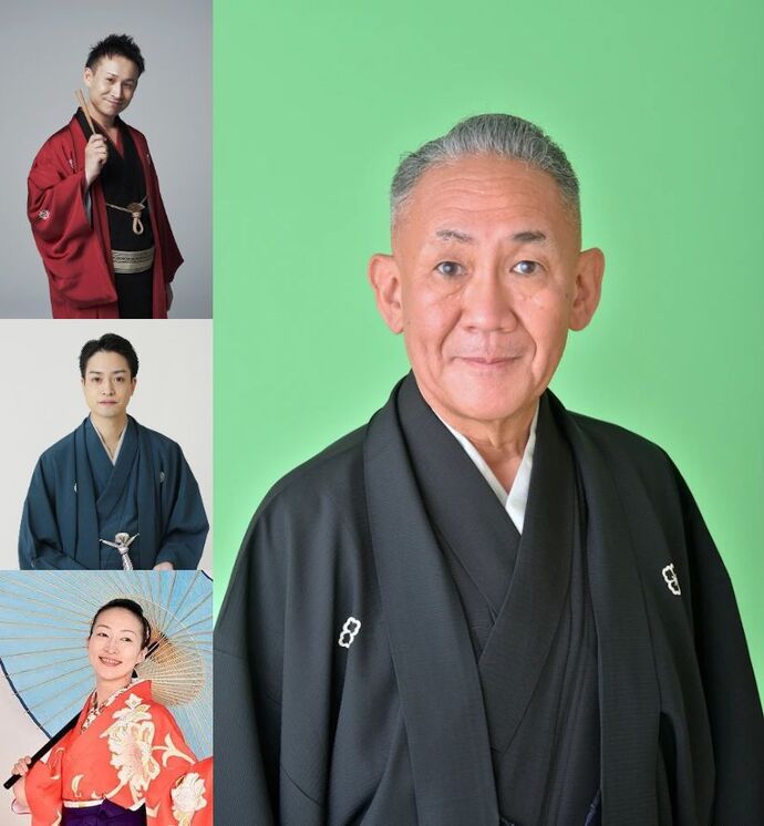 写真：林家正蔵（右）、三遊亭わん丈（左上）、春風亭昇羊（左中）、鏡味味千代（左下）