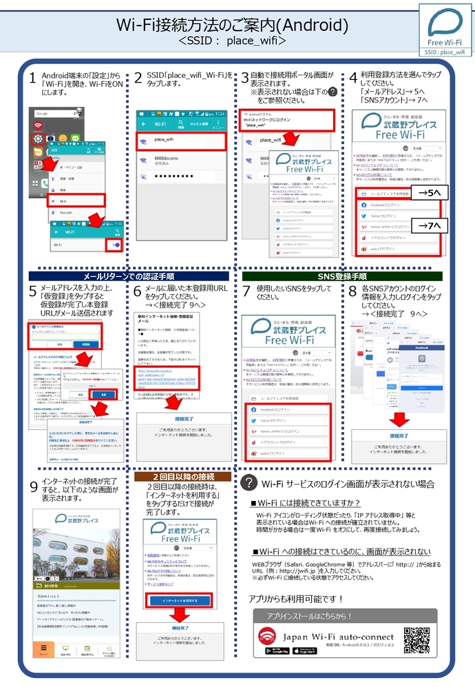 Android用接続方法の説明画像 Wi-Fi接続方法のご案内(Android)＜SSID： place_wifi＞　1.Android端末の「設定」から「Wi-Fi」を開き、Wi-FiをONにします。 2.SSID「place_wifi」をタップします 3.自動で接続用ポータル画面が表示されます。 4.利用登録方法を選んでタップしてください。 「メールアドレス」→5.へ 「SNSアカウント」→7.へ 5.メールアドレスを入力の上、「仮登録」をタップすると仮登録が完了し本登録URLがメール送信されます。 6.メールに届いた本登録用URLをタップしてください→＜接続完了9.へ＞ 7.使用したいSNSをタップしてください。 8.各SNSアカウントのログイン情報を入力しログインをタップしてください。→＜接続完了9.へ＞ 9.武蔵野プレイスのHPが表示され、Wi-Fiを使用できます。　2回目以降の接続時は「インターネットを利用する」をタップするだけで接続が完了します。　Wi-Fiサービスのログイン画面が表示されない場合 1.Wi-Fiには接続できていますか？ Wi-Fiアイコンがローディング状態や、「IPアドレス取得中」などと表示されている場合はWi-Fiへの接続が確立されていません。時間がかかる場合は一度Wi-Fiをオフにして、再度接続してください。 2.Wi-Fiへの接続はできているのに、画面が表示されない Wi-Fiに接続している状態で、WEBブラウザ（Safari, Google Chrome等）でアドレスバーにhttp://jwifi.jpを入力してください。