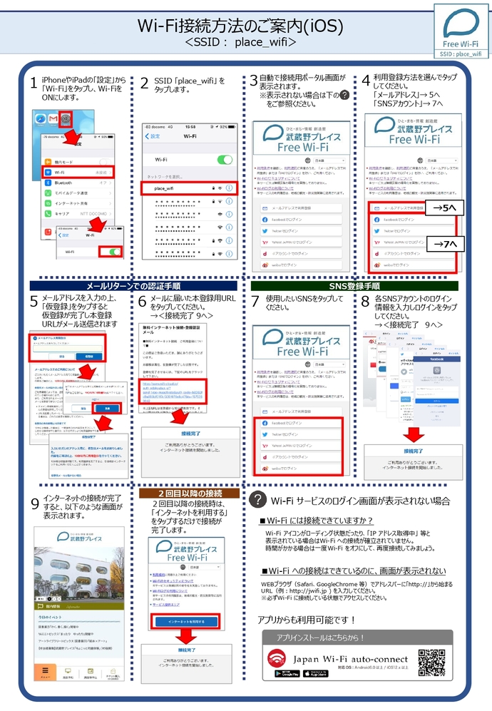 iOS用接続方法の説明画像 Wi-Fi接続方法のご案内(iOS)＜SSID： place_wifi＞ 1.iPhoneやiPadの「設定」から「Wi-Fi」をタップし、Wi-FiをONにします。 2.SSID「place_wifi」をタップします。 3.自動で接続用ポータル画面が表示されます。 4.利用登録方法を選んでタップしてください。 「メールアドレス」→5.へ 「SNSアカウント」→7.へ 5.メールアドレスを入力の上、「仮登録」をタップすると仮登録が完了し本登録URLがメール送信されます。 6.メールに届いた本登録用URLをタップしてください→＜接続完了9.へ＞ 7.使用したいSNSをタップしてください。 8.各SNSアカウントのログイン情報を入力しログインをタップしてください。→＜接続完了9.へ＞ 9.武蔵野プレイスのHPが表示され、Wi-Fiを使用できます。　2回目以降の接続時は「インターネットを利用する」をタップするだけで接続が完了します。　Wi-Fiサービスのログイン画面が表示されない場合 1.Wi-Fiには接続できていますか？ Wi-Fiアイコンがローディング状態や、「IPアドレス取得中」などと表示されている場合はWi-Fiへの接続が確立されていません。時間がかかる場合は一度Wi-Fiをオフにして、再度接続してください。 2.Wi-Fiへの接続はできているのに、画面が表示されない Wi-Fiに接続している状態で、WEBブラウザ（Safari, Google Chrome等）でアドレスバーにhttp://jwifi.jpを入力してください。