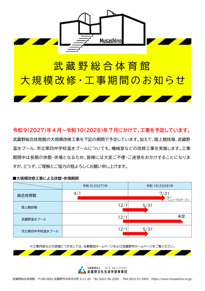 武蔵野総合体育館大規模改修工事のお知らせ