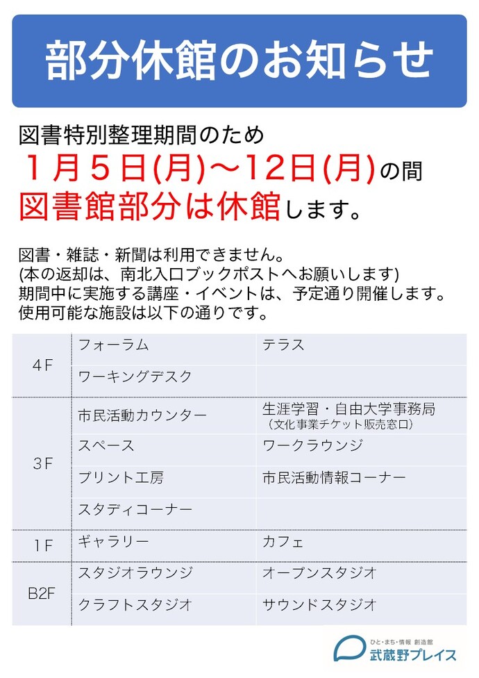 図書特別整理に伴う部分休館のお知らせポスター