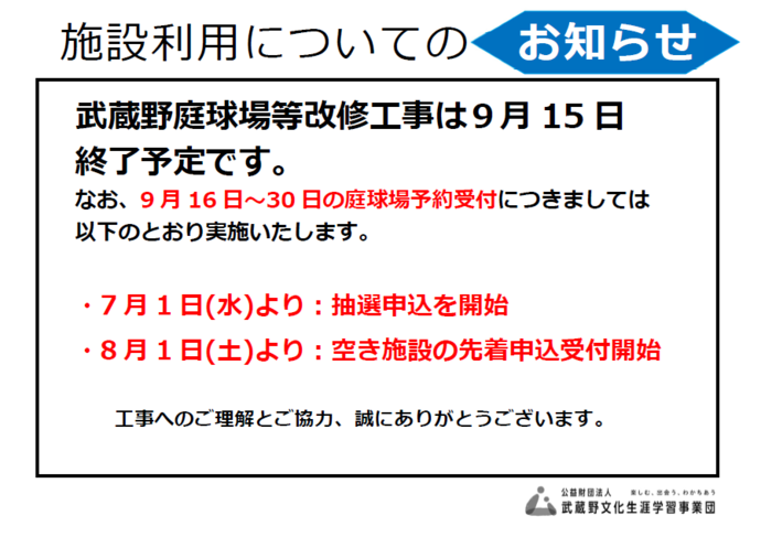 庭球場休場終了後の予約受付について